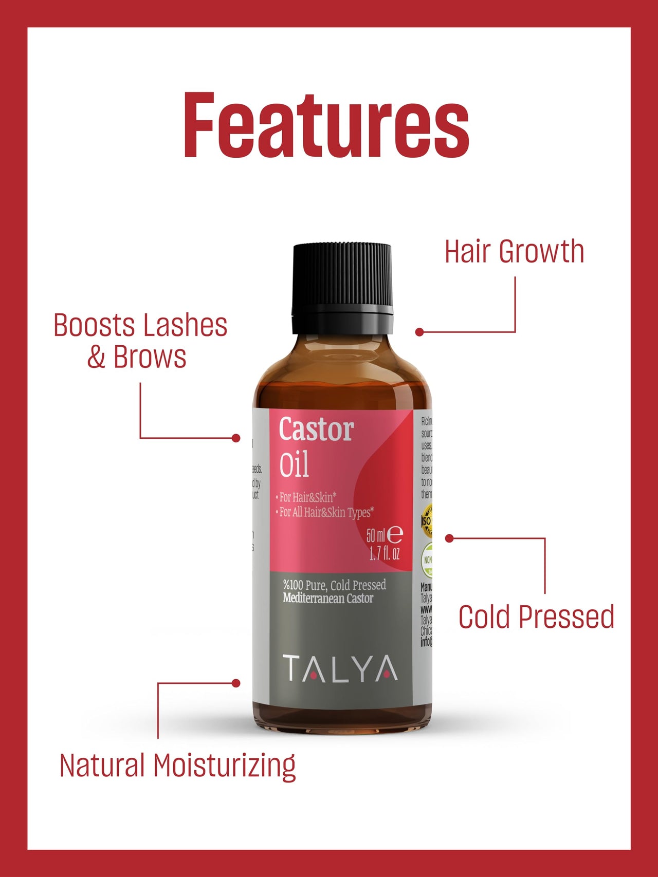 TALYA Castor Oil 1.7 oz (50 ml) - Cold Pressed - Boost Hair Growth - Growth for Eyelashes, Eyebrows - Moisturizing Massage Oil for Aromatherapy - Vegetarian, Non-GMO, Gluten Free