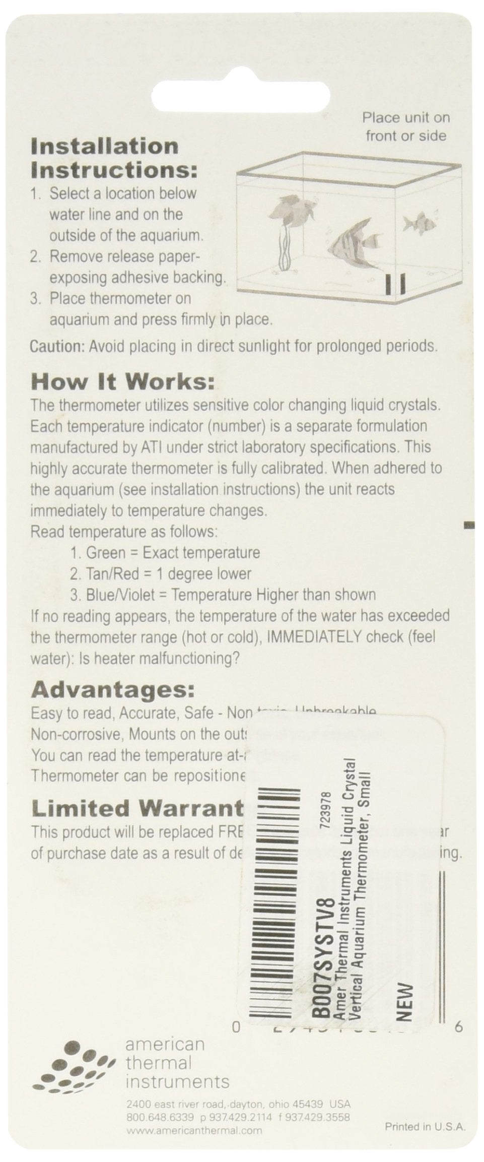 Amer Thermal Instruments Liquid Crystal Vertical Aquarium Thermometer, Small