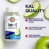 Thumbnail for KAL Iron C, 90 Tablets, 4.5 mg/90 mg, Natural Apple Flavor, Increased Absorption Iron Pills, Immune Support