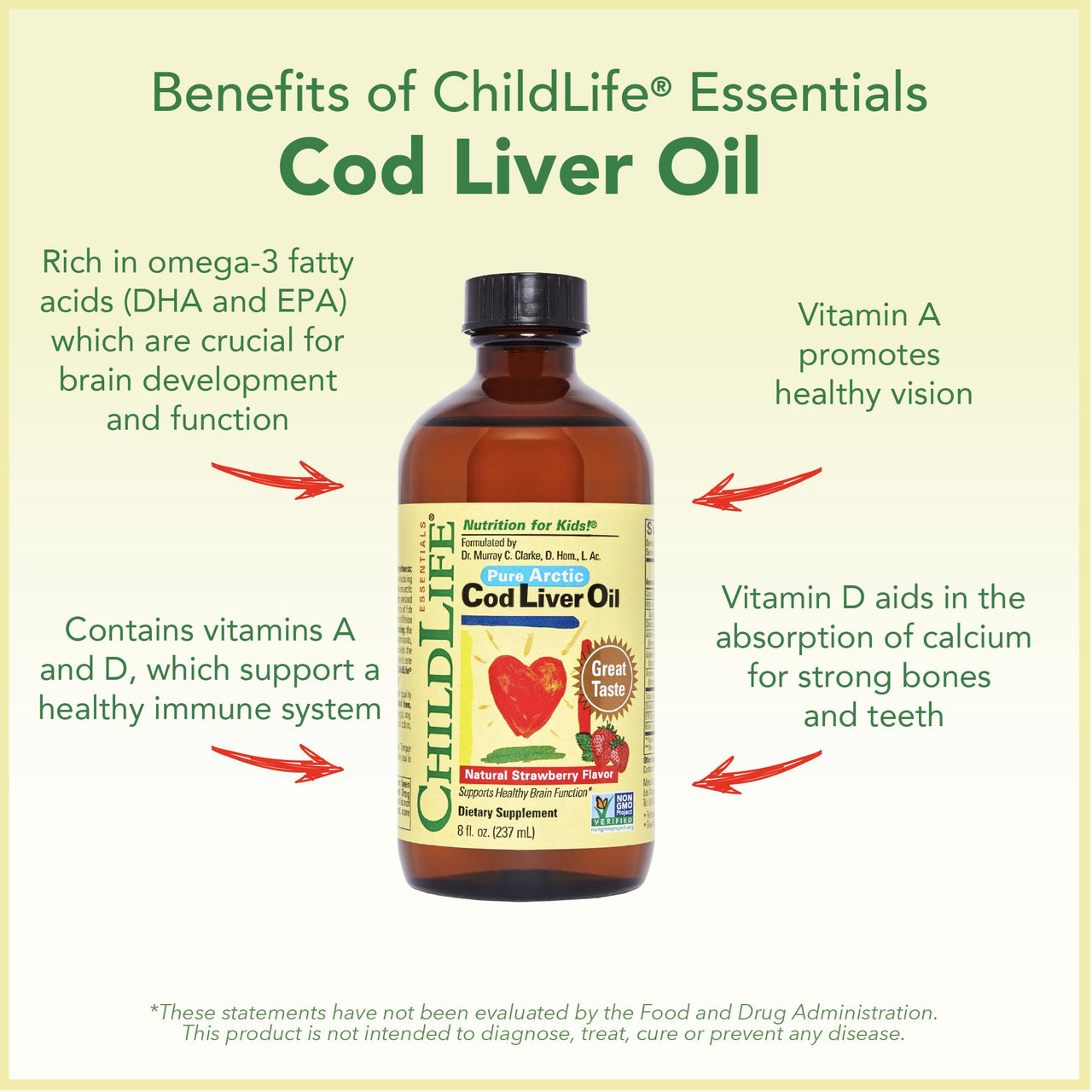 CHILDLIFE Essentials Cod Liver Oil for Kids - Liquid Arctic Cod Liver Oil for Babies 6+ Months, Toddlers, & Kids, Added DHA, EPA, Omega-3 Fatty Acids - Strawberry, 8 fl oz