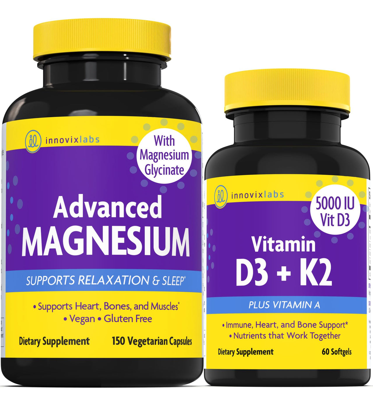 Magnesium & D3 Bundle: InnovixLabs Advanced Magnesium (150 Time-Release Capsules) and InnovixLabs Vitamin D3 +K2 Supplement (60 Softgels). Optimal Calcium Absorption, Supports Bone and Immune Health.*