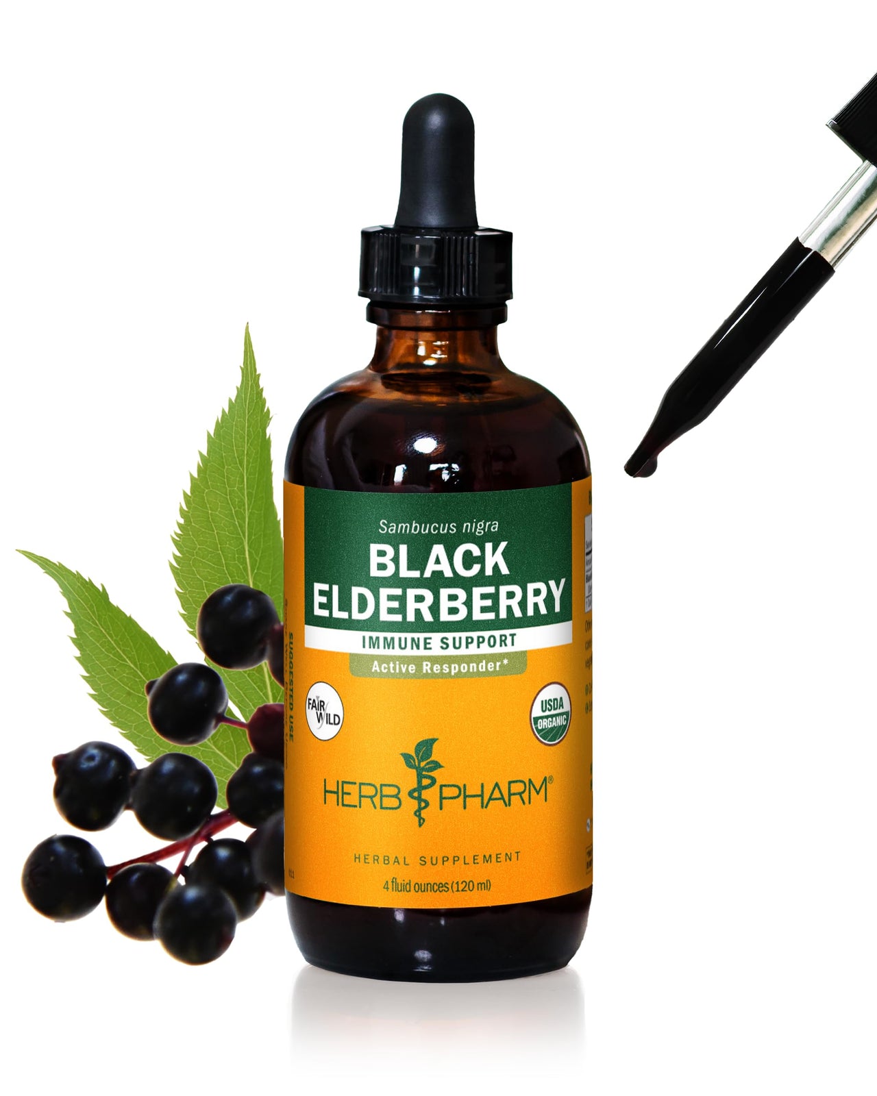 Herb Pharm Certified Organic Black Elderberry Liquid Extract Drops for Immune System Support, Organic Cane Alcohol, 4 Oz