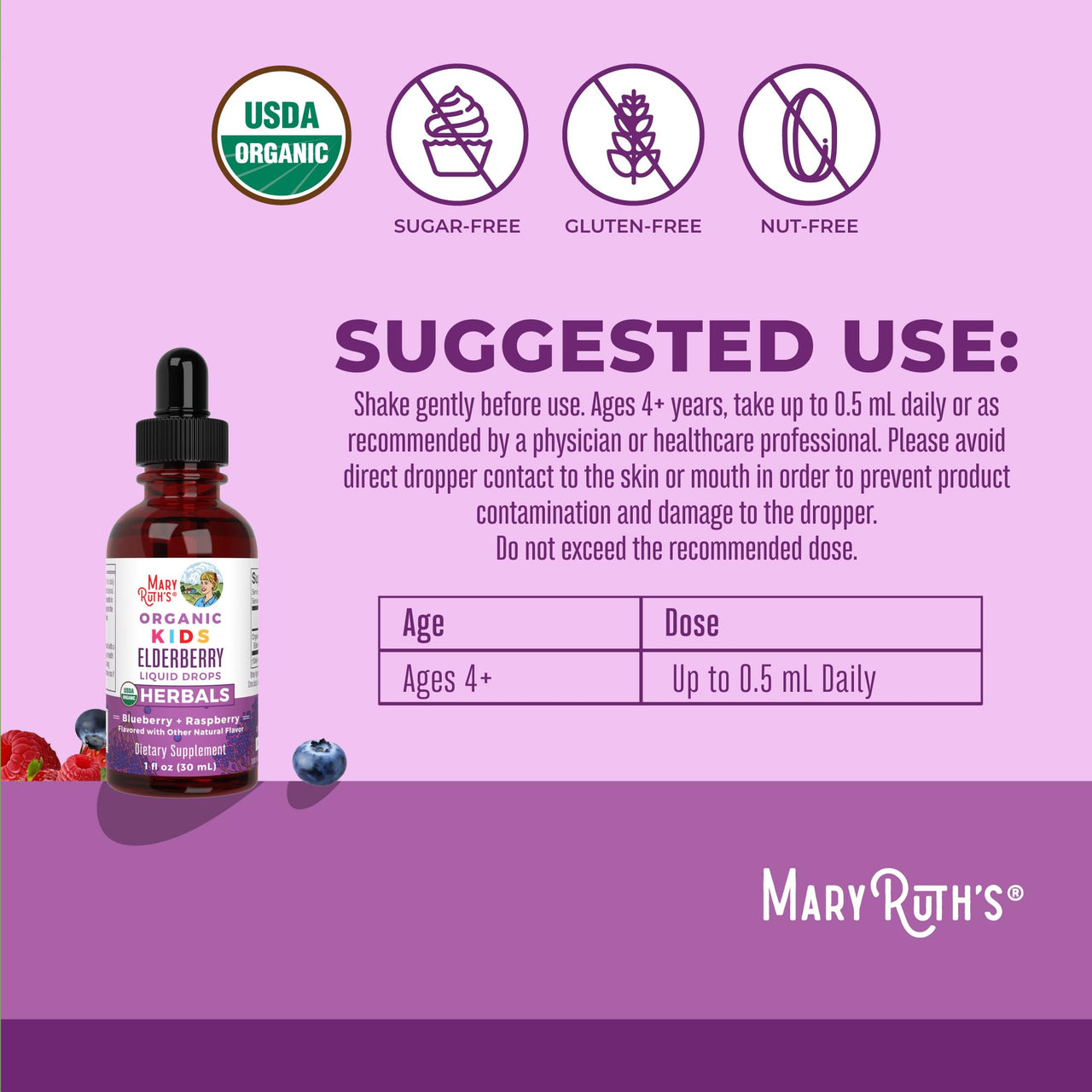 MaryRuth Organics USDA Organic Elderberry Liquid Drops for Kids | Vegan Elderberry Extract Organic Glycerin | Immune Support Supplement | Overall Health | Formulated for Ages 4-13 | 1oz