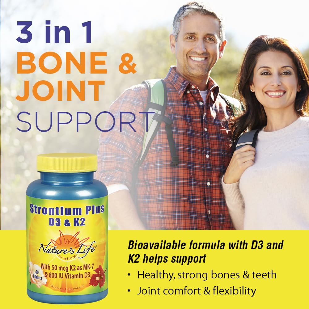 Nature's Life Strontium Plus D3 & K2 Supplement - Healthy Bone Support for Women & Men, Stronium Citrate Trace Mineral, Nutritional Support for Adults, Vegetarian & Bioavailable - 60 Tablets