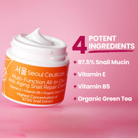 Thumbnail for SeoulCeuticals Korean Skin Care 97.5% Snail Mucin Moisturizer Cream - K Beauty Skincare Day & Night Snail Repair Cream Filtrate Cruelty Free 2oz