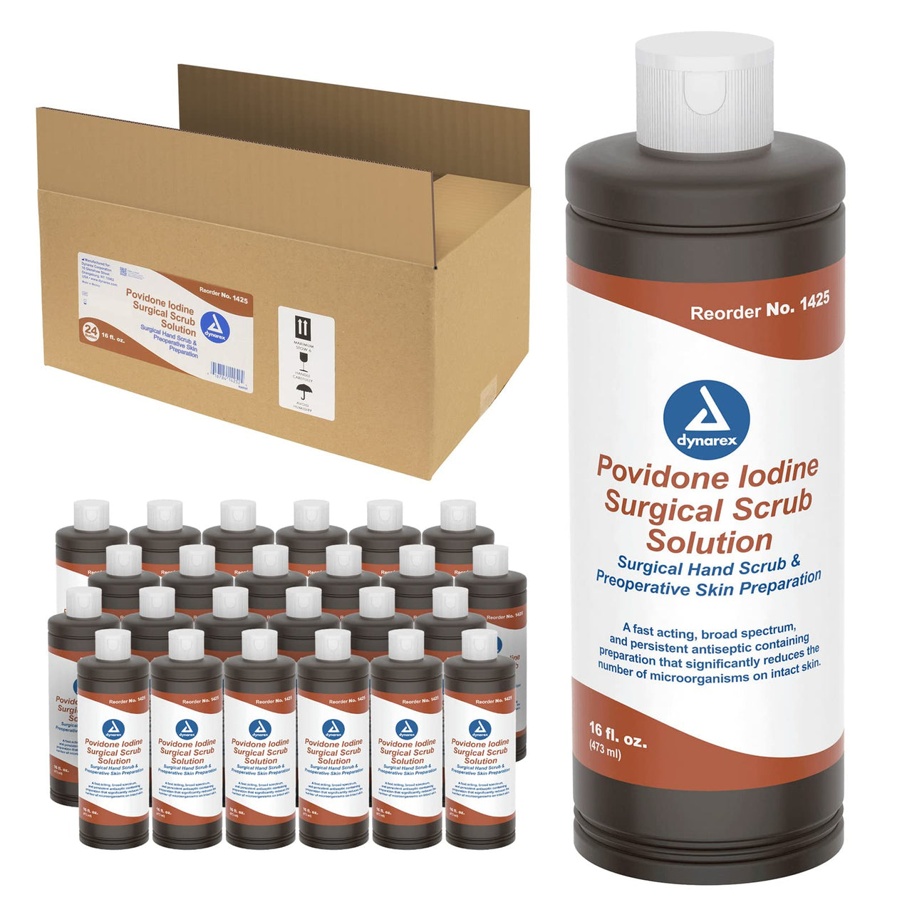 Dynarex Povidone-Iodine Scrub Solution, Antiseptic Solution for Skin and Mucosa, Ideal for Surgical Site Preparation, Contains Povidone Iodine 7.5%, 16 fl. oz., 24 Bottles