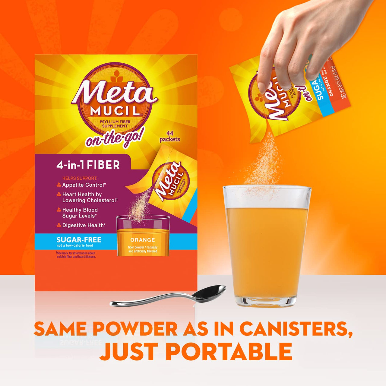 Metamucil On-the-Go Packets, Sugar-Free, 44 Packets, 4-in-1 Psyllium Husk Fiber Supplement, Orange Flavored, Individual Servings Great for Travel, Fiber Supplement for Digestive Health and Regularity