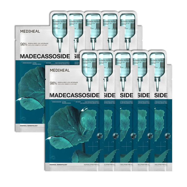 Mediheal Madecassoside Essential Sheet Mask Blemish Repair 10 pcs. 98% Purity Madecassoside & Hyaluronic Acid Included. Enhancing Moisture Barrier & Skin Texture Care. Vegan Formula Sheet Mask