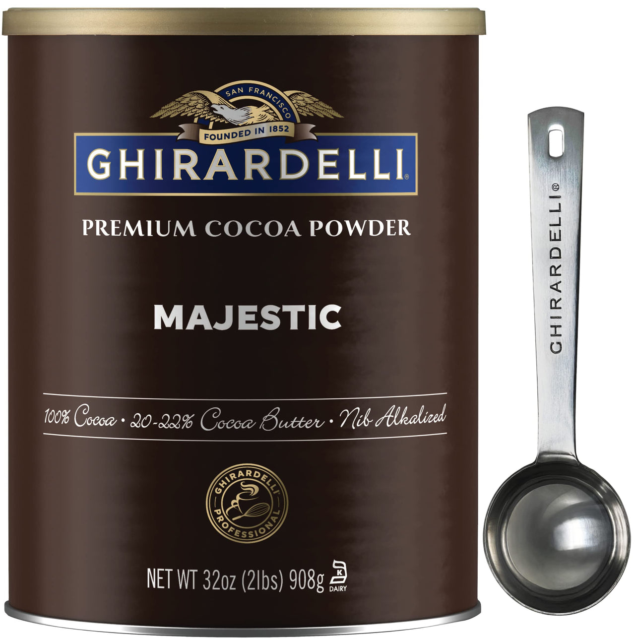 Ghirardelli Majestic Premium Cocoa Powder, 32 Ounce Can with Ghirardelli Stamped Barista Spoon