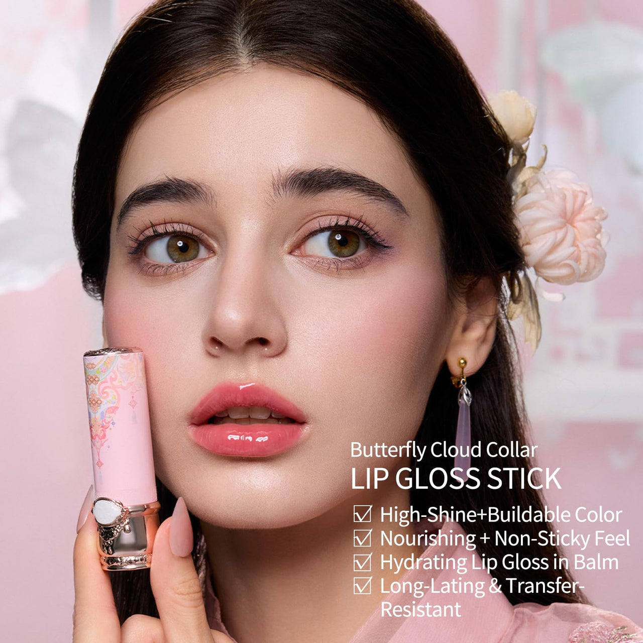 Flower Knows Butterfly Cloud Collar Glossy Lipstick,Hydrating Solid Lip Gloss,Moisturizing Pink Tinted Lip Balm,Long Lasting Lip Gloss in Balm for Girls&Women,(C05 Peach Blossom)