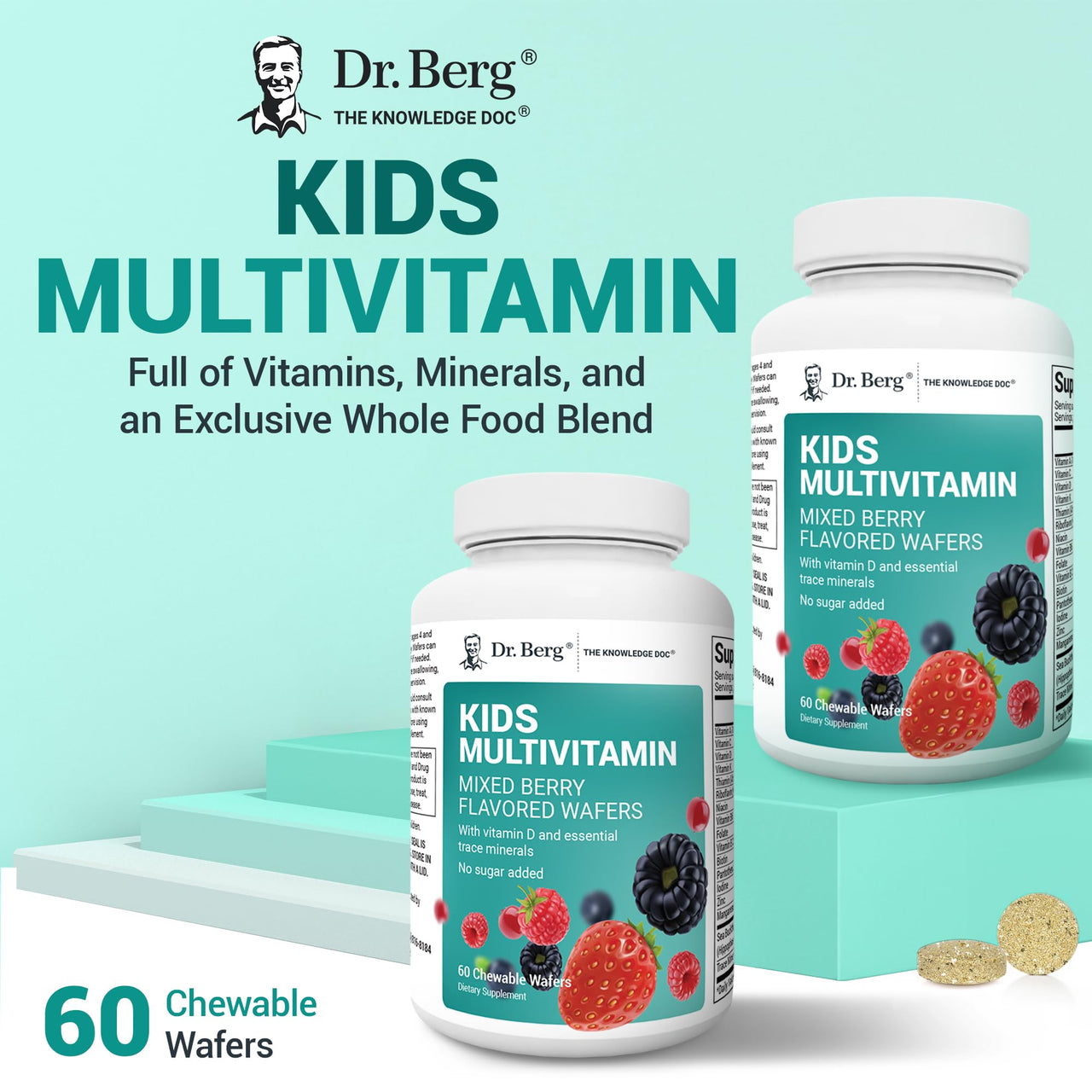 Dr. Berg Kids Chewable Multivitamins (NOT Sweetened w/Sugar) - Daily Multivitamin for Kids That Includes 20 Nutrients & Trace Mineral Complex - Mixed Berry Chewable Vitamins for Kid - Brown Wafers