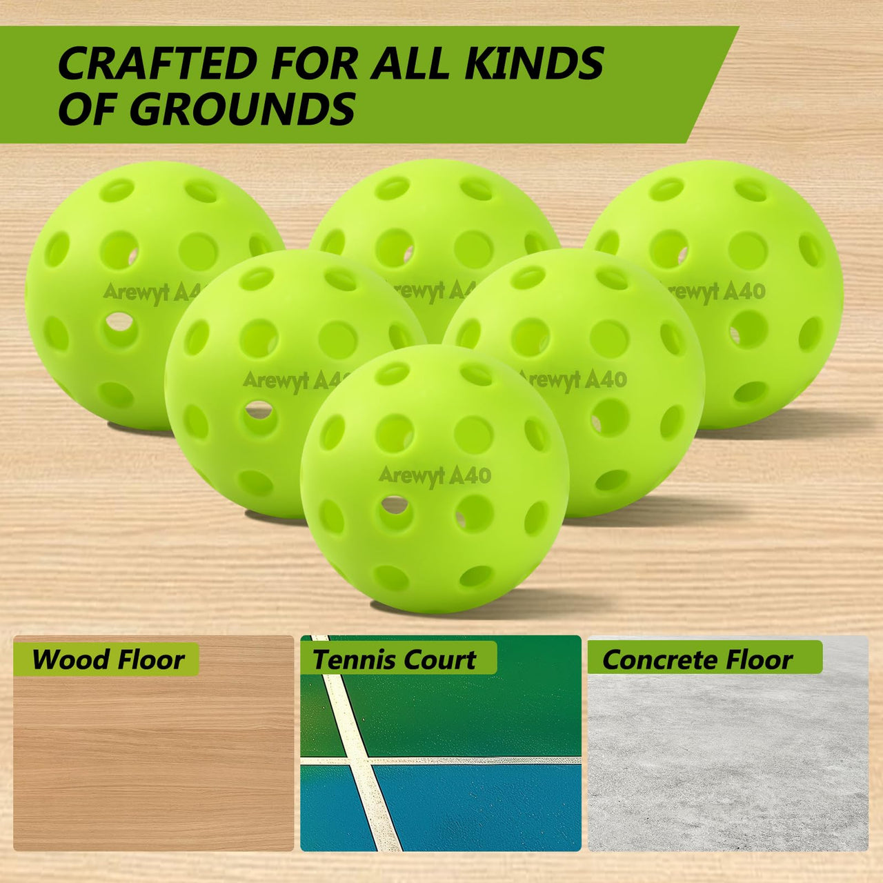 Arewyt Pickleball Balls, 6 Pack 40 Holes Outdoor Pickleball Balls, High Visibility and Bounce, Durable Pickle Balls for All Style Pickleball Paddles & All Skill Levels, Neon Green