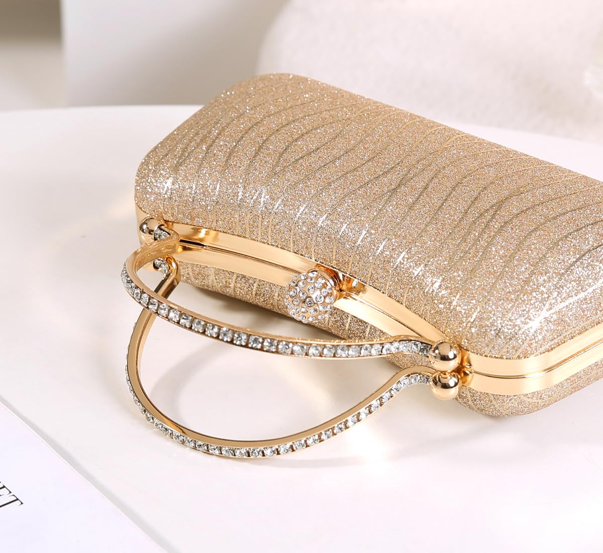 Covelin Evening Bag Sparkling Frosted Purses for Women Lady Shiny Party Elegant Handbag Wedding Bag with Chain Gold