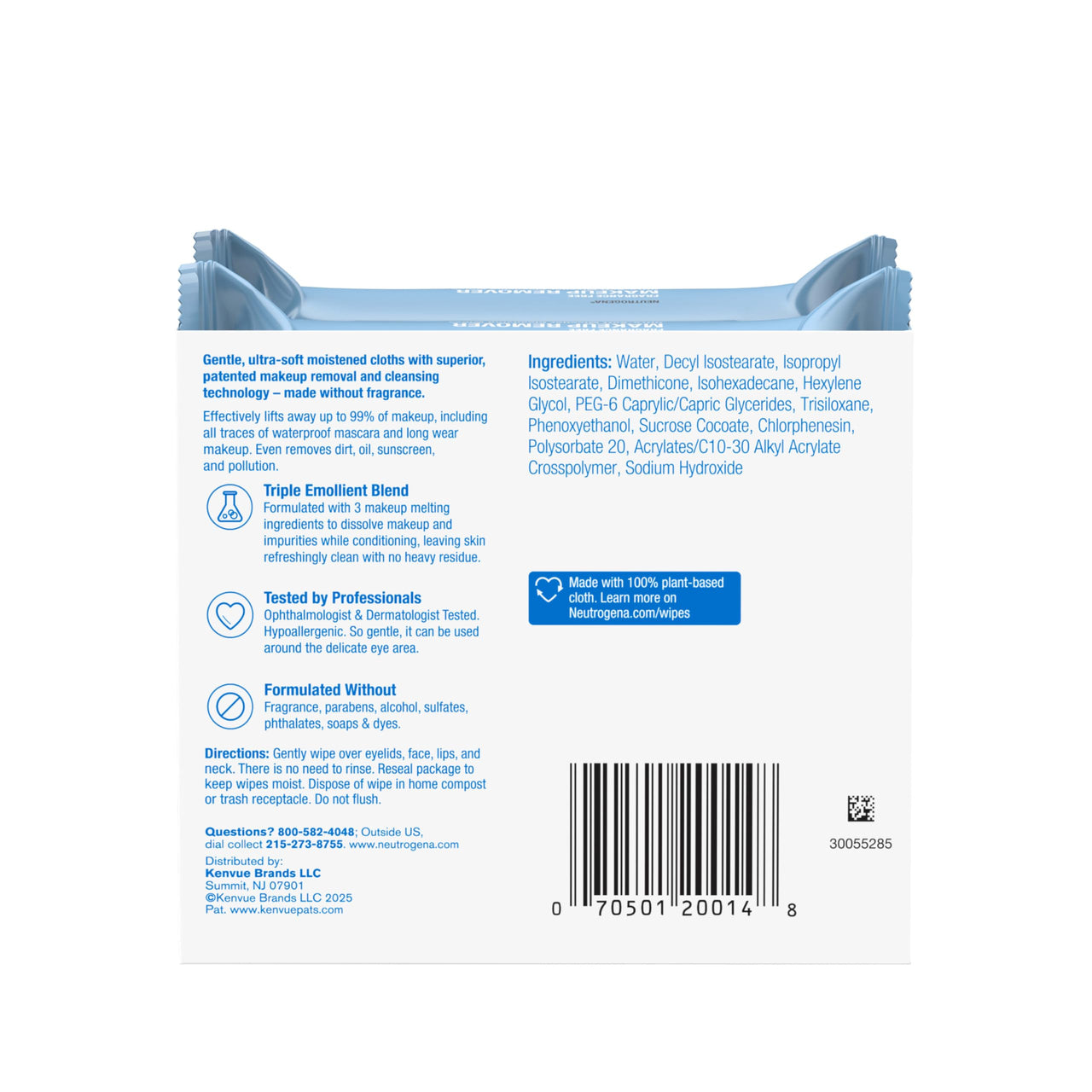 Neutrogena Fragrance-Free Makeup Remover Wipes, Daily Facial Cleanser Towelettes, Gently Removes Oil & Makeup, Alcohol-Free Makeup Wipes, Twin Pack, 2 x 25 ct