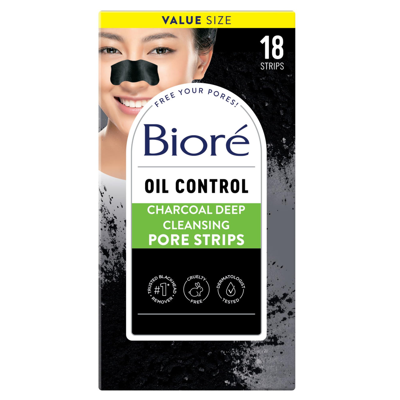Biore Charcoal, Deep Cleansing Pore Strips, Nose Strips for Blackhead Removal on Oily Skin, with Instant Pore Unclogging, 18 Count (Pack of 1)