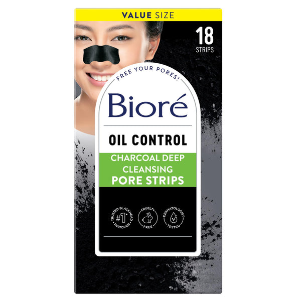 Biore Charcoal, Deep Cleansing Pore Strips, Nose Strips for Blackhead Removal on Oily Skin, with Instant Pore Unclogging, 18 Count (Pack of 1)