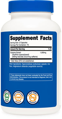 Thumbnail for Nutricost Guarana 1000mg Serving, 150 Vegetarian Capsules - Natural Herbal Brazilian Caffeine Energizer Supplement