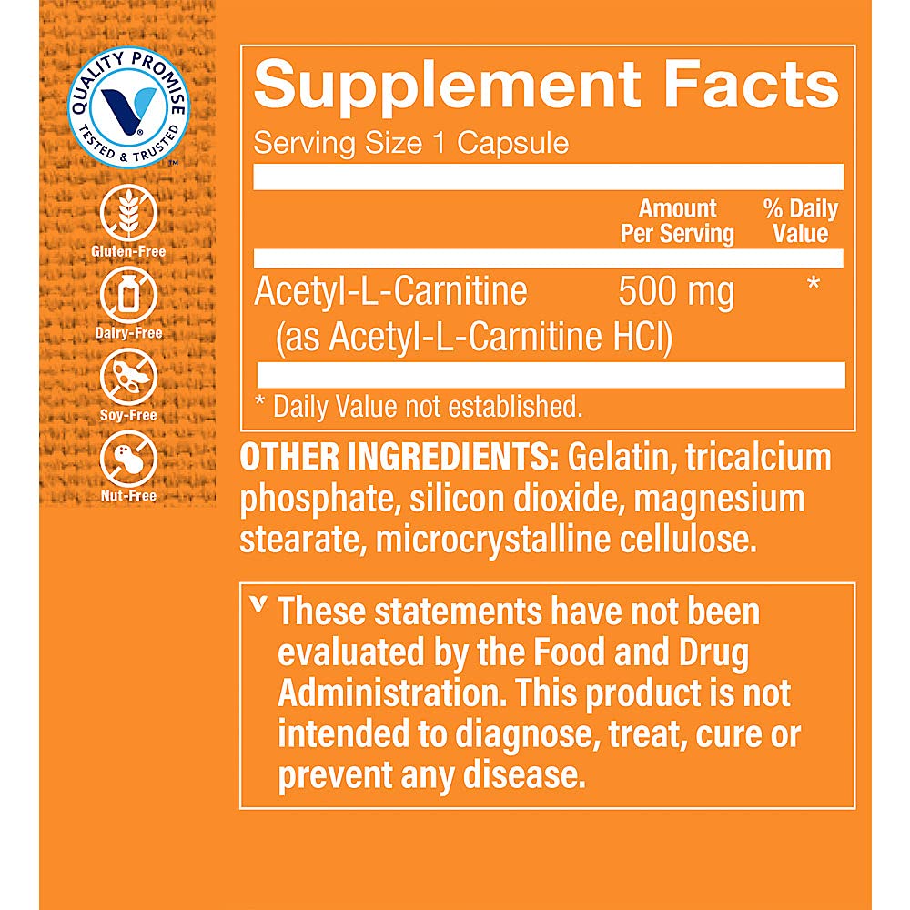 The Vitamin Shoppe Acetyl-L-Carnitine 500mg – Supports Healthy Brain & Memory Function, Promotes Energy Production – Carnipure™ Offers Purest Form of L-Carnitine (60 Capsules)