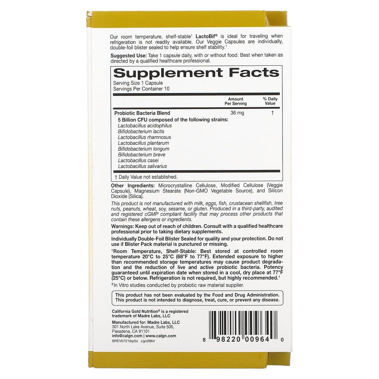 California Gold Nutrition LactoBif Probiotics, 5 Billion CFU, 10 Veggie Capsules