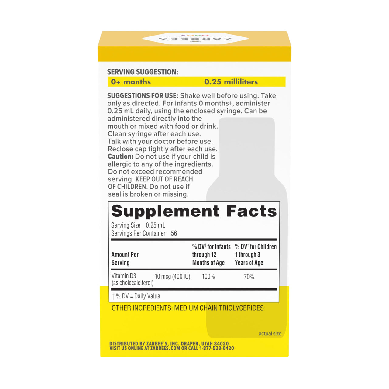 Zarbee's Vitamin D Drops for Infants, 400IU (10mcg) Baby & Toddler Liquid Supplement, Newborn & Up, Dropper Syringe Included, 0.47 Fl Oz