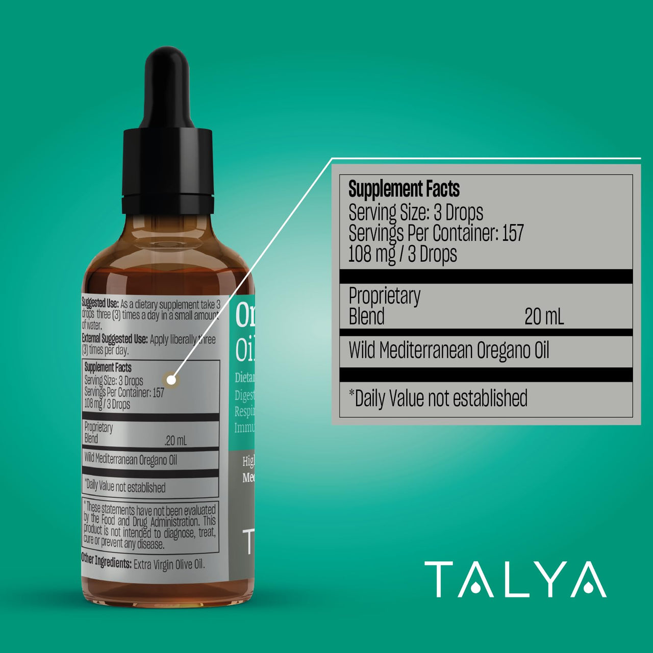 TALYA Oregano Oil 0.67 fl.oz | Oil of Oregano Liquid | Immune Support, High Carvacrol, Digestive Health | Non-GMO | Vegan | Mediterranean Oregano