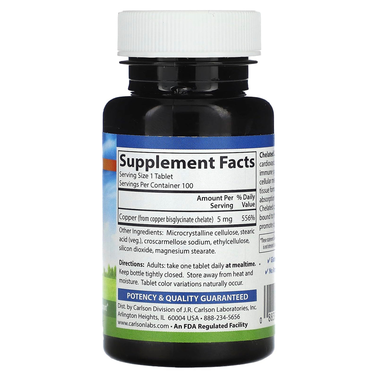 Carlson - Chelated Copper, 5 mg, Superior Absorption, Cardiovascular Health, Nerve Function & Immune Support, 100 Tablets