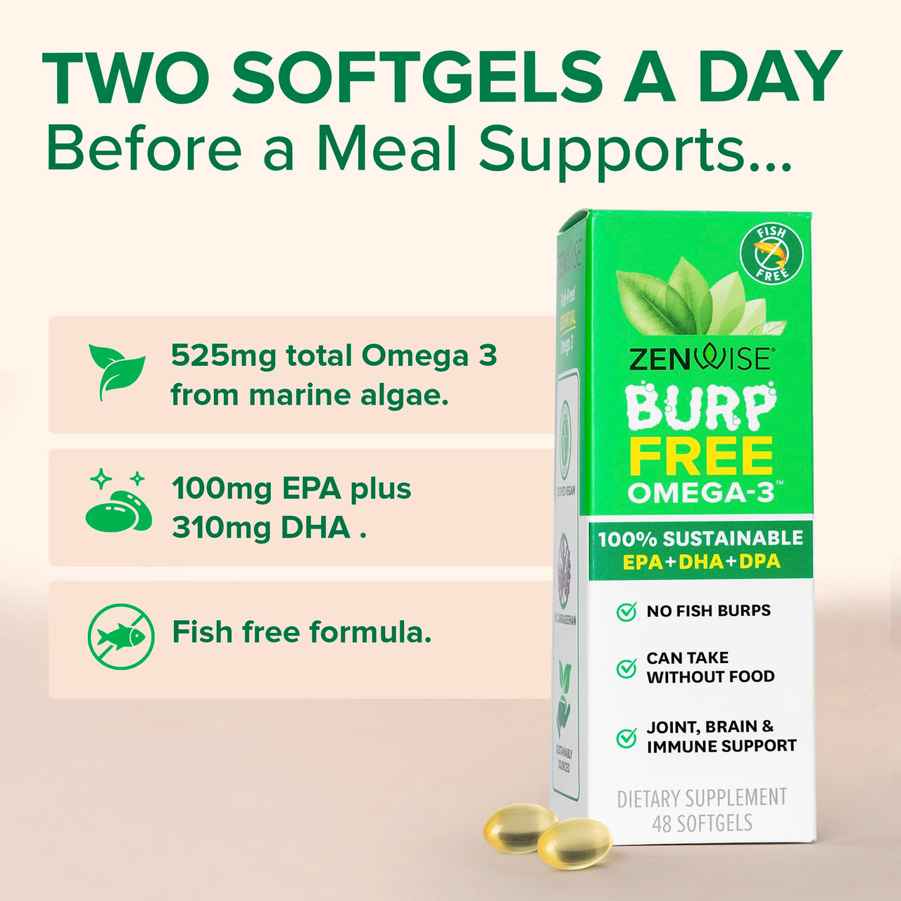 Zenwise Health Vegan Omega 3 Supplement - Burpless Omega 3 Supplement with DHA, EPA & DPA Fatty Acids for Immune Health - Fish Oil Alternative from Sustainably Sourced Marine Algae Oil - 48 Softgels