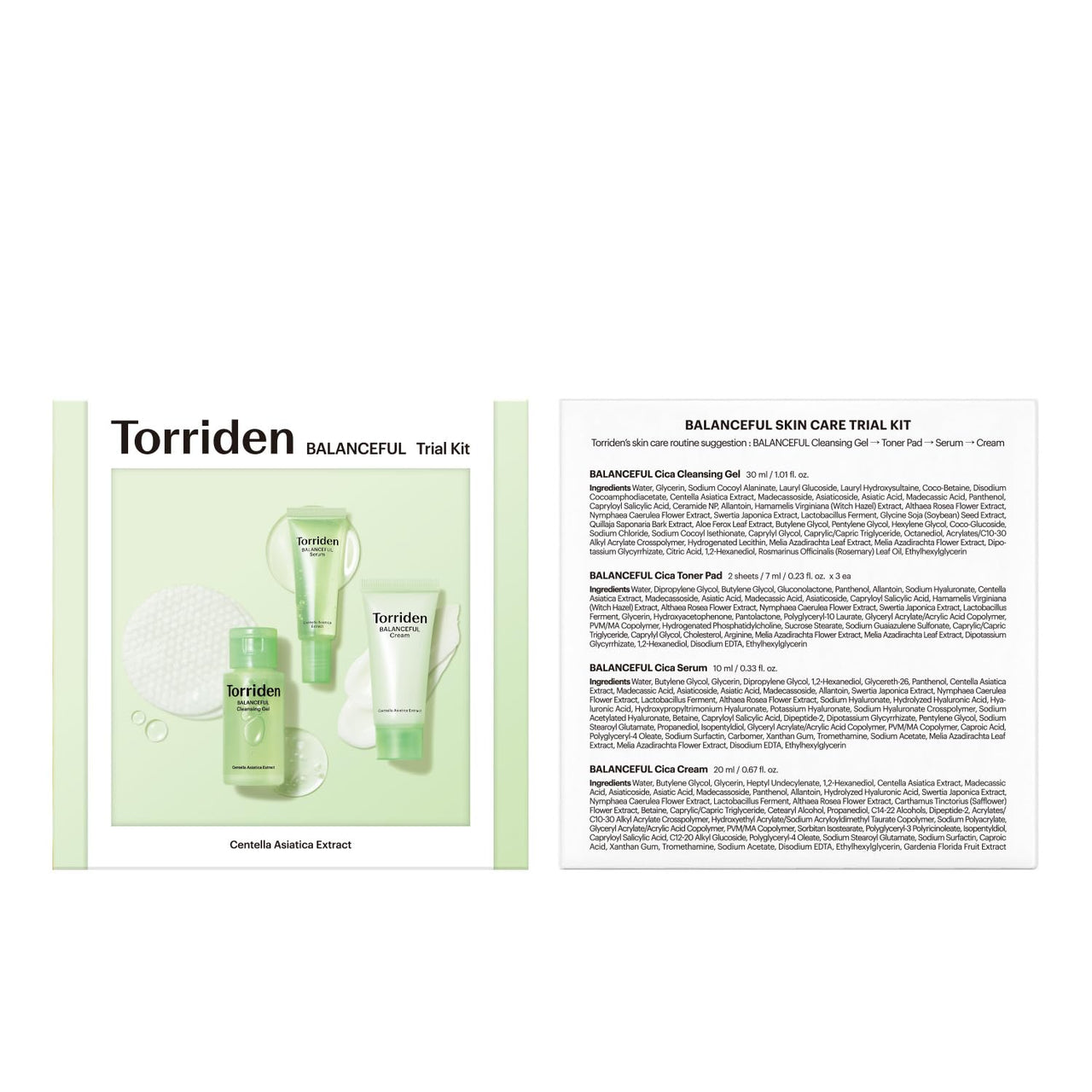 Torriden BALANCEFUL Cica Trial Kit, 5D Cica Infused Daily Skincare Kit - 4 Step Regimen with Cleansing Gel, Toner Pad, Serum, and Cream | Korean Skin Care Set