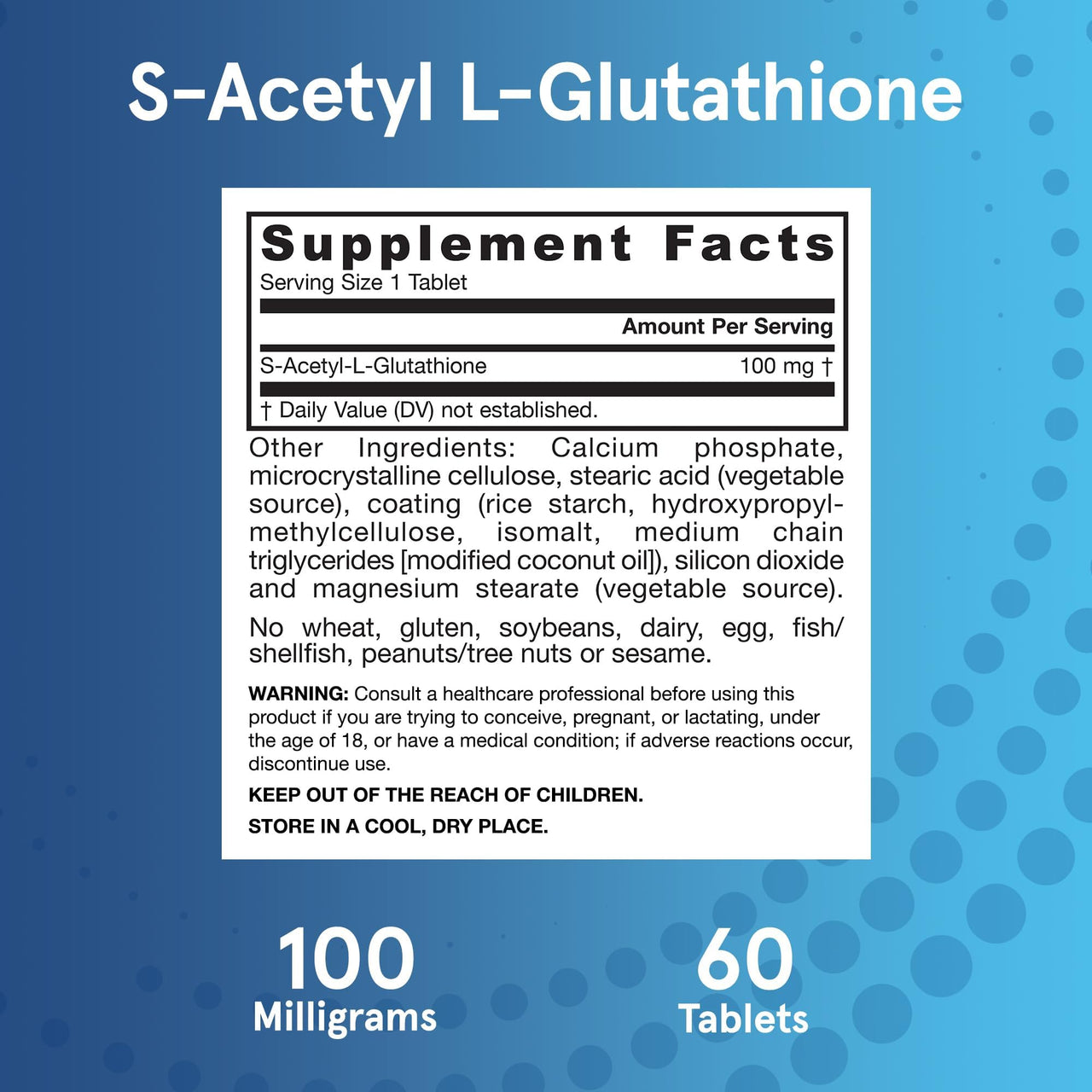 Jarrow Formulas S-Acetyl L-Glutathione Tablets - 100 mg - 60 Count - Dietary Supplement - Stable Form of L-Glutathione - for Antioxidant Support and Detoxification - Non-GMO - Gluten Free