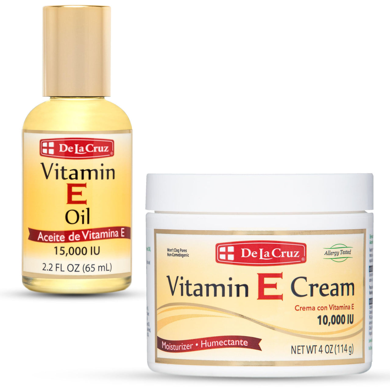 De La Cruz Vitamin E Cream 4oz & Vitamin E Oil 2.2 Fl Oz Bundle – Moisturizer for Face, Neck, Hair & Body – Deeply Hydrating, Paraben-free, Vegan, Cruelty-Free, Made in USA