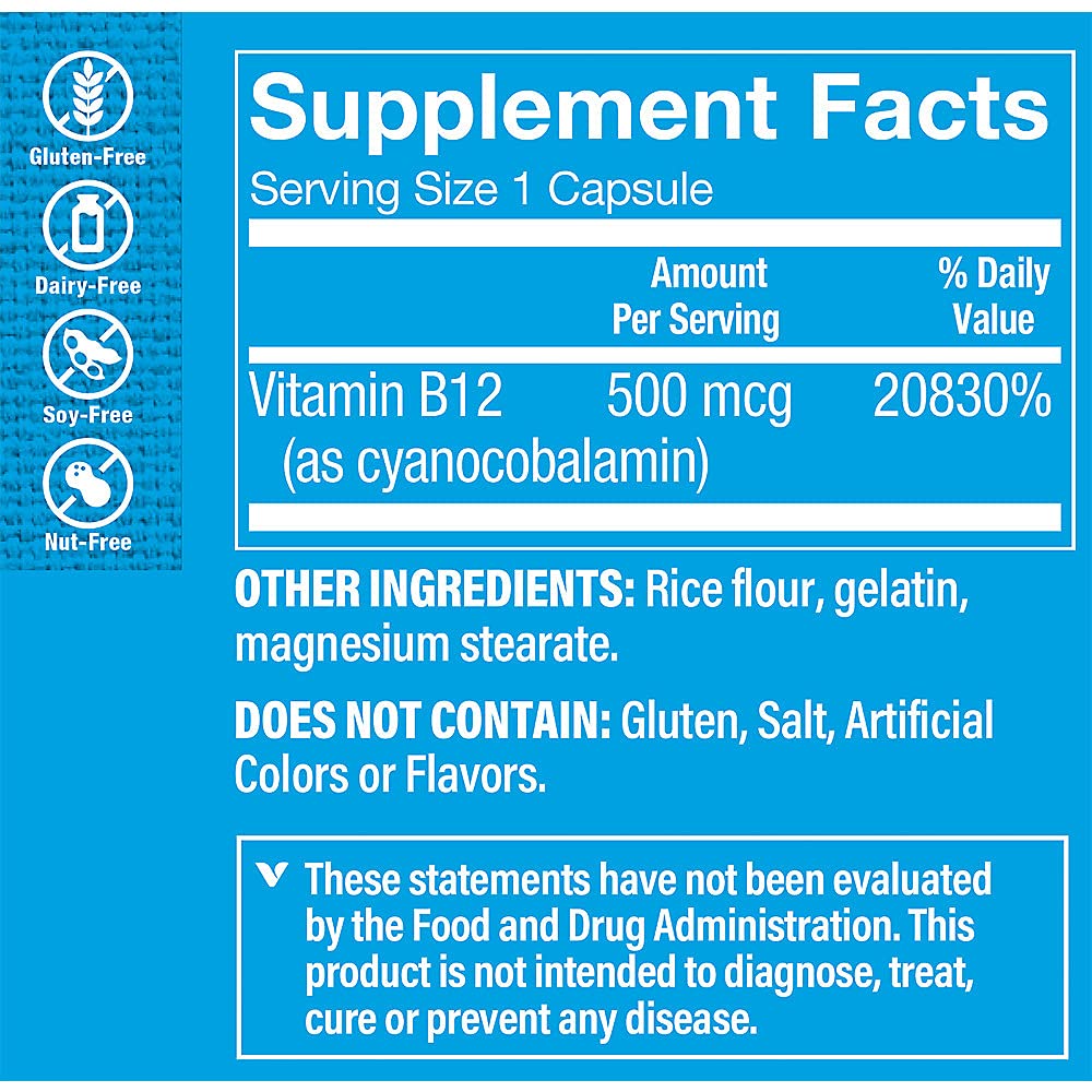The Vitamin Shoppe Vitamin B12 500MCG - Energy Production, Nervous System & Red Blood Cell Support, Daily B Vitamin (100 Capsules)