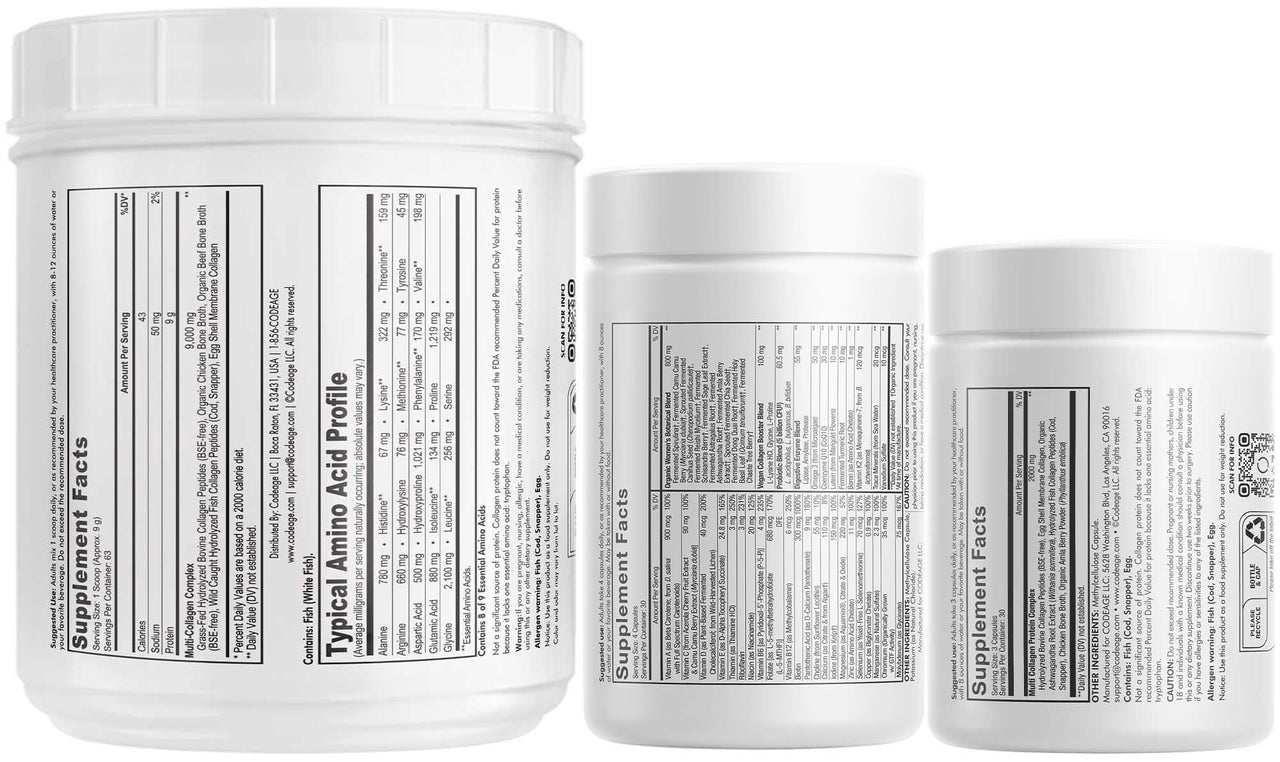 Codeage Multi Collagen Protein Capsules & Powder Peptides + Women’s Daily Multivitamin Bundle, 25+ Multivitamins & Minerals, Omega-3, Enzymes, Probiotics, Vitamin C, Zinc, Biotin, Non-GMO Supplement