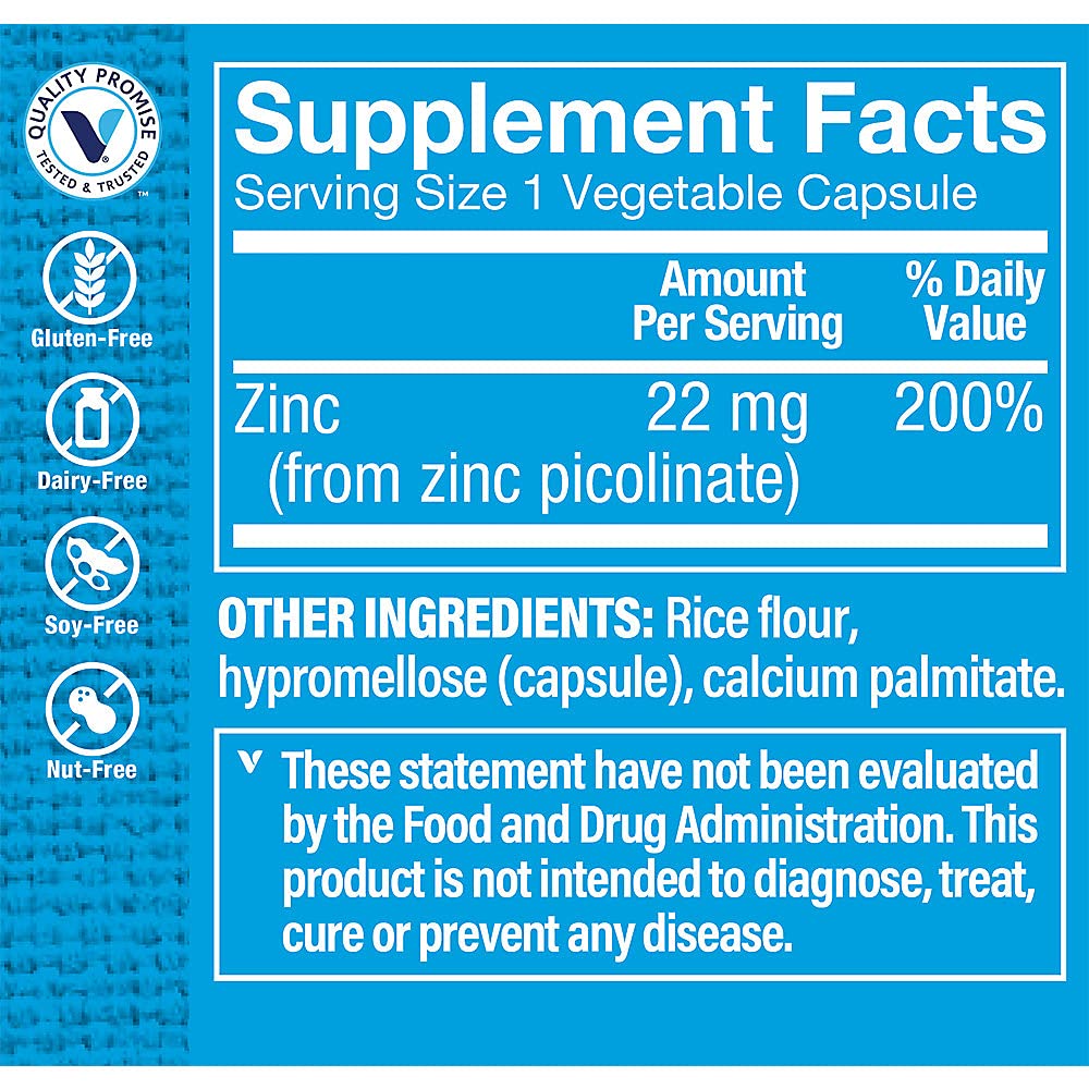 The Vitamin Shoppe Zinc Picolinate - Superior Absorption Immune Support | Highly Bioavailable | 100 Capsules | Skin Health