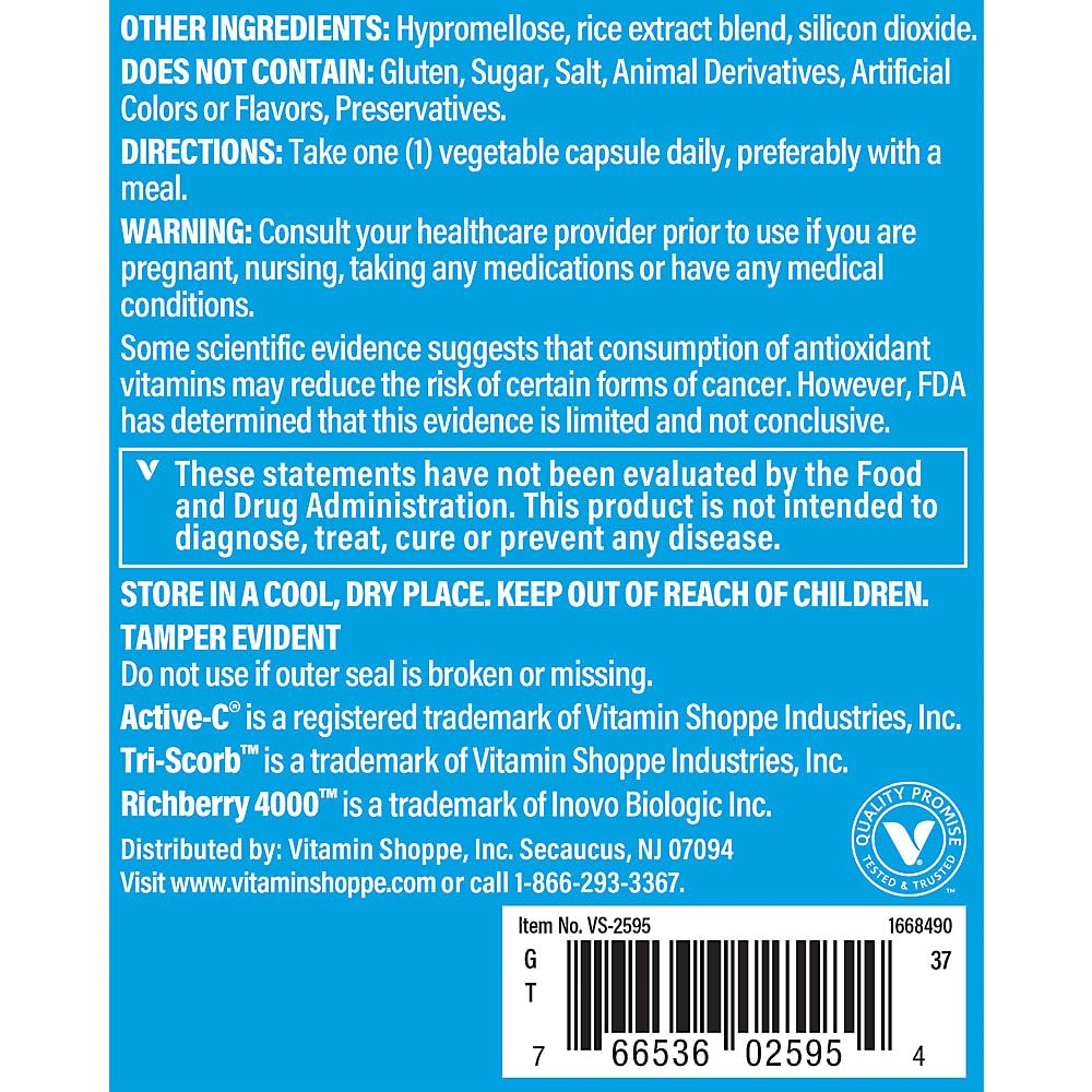 The Vitamin Shoppe Active-C Plus, 500 MG - Vitamin C Antioxidant for Immune Health (250 Capsules)