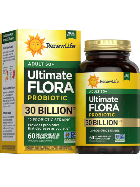 Renew Life Probiotic Adult 50 Plus Probiotic Capsules, Daily Supplement Supports Urinary, Digestive and Immune Health, L. Rhamnosus GG, Dairy, Soy and gluten-free, 30 Billion CFU, 60 Count