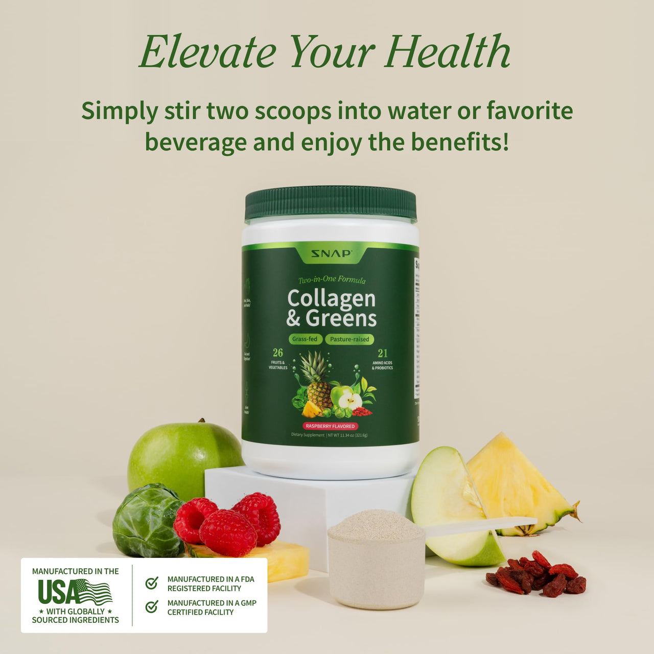 Snap Supplements Super Greens Powder with Collagen Peptides, 26 Fruits and Vegetables, Grass Fed, Non-GMO Daily Greens for Hair, Skin, Nails & Joint Support, 11.34 oz, (30 Servings, 1 Month Supply)