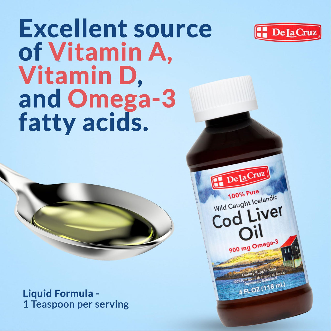 De La Cruz Cod Liver Oil Liquid Pure Wild Caught Icelandic Fish Oil Rich in Vitamin D & Omega 3 Fish Oil, Omega 3 Supplements 4 FL OZ (118 mL)