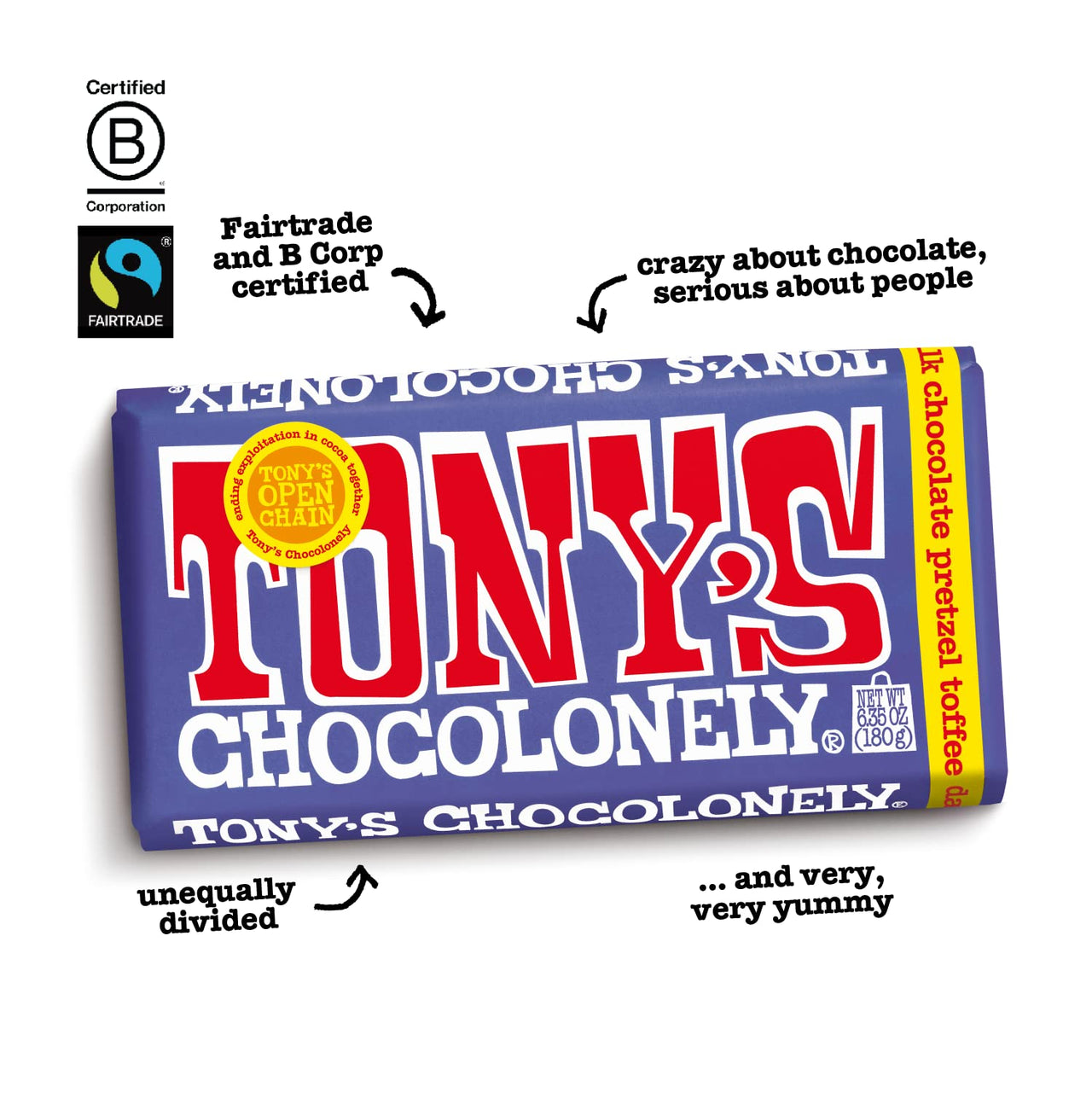 Tony's Chocolonely 42% Dark Milk Chocolate Bar with Pretzel & Toffee - Dark Milk Chocolate, Pretzel & Toffee Chunks, Belgium Chocolate, No Artificial Flavoring, Fairtrade & B Corp Certified - 6.35 oz, 4 Bars