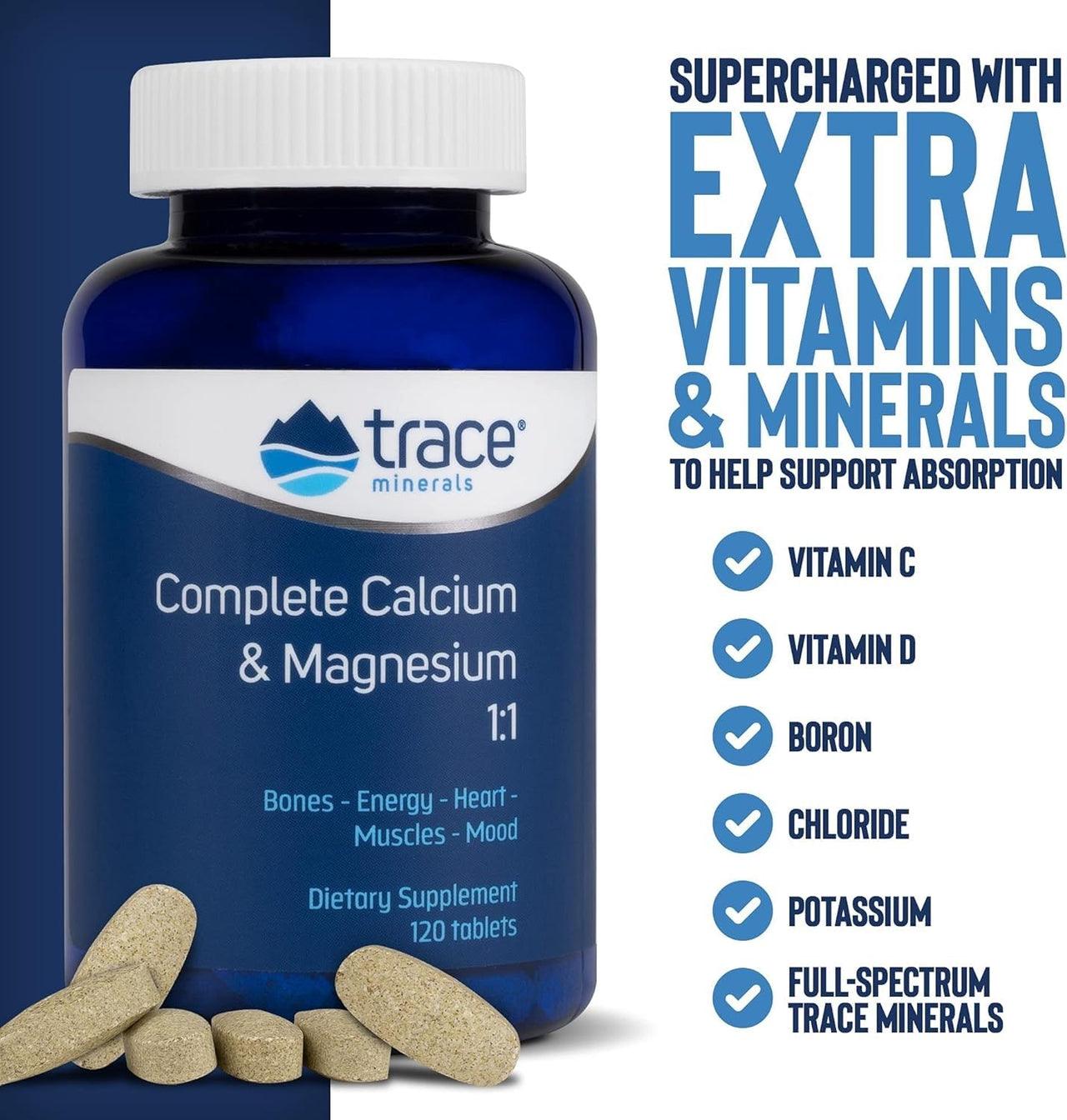 Trace Minerals Complete Calcium & Magnesium 1:1 - Dietary Supplement for Bone Health & Energy Support - Mineral Supplement to Aid Immune Health - Formula with Sea Minerals - 120 Tablets (30 Servings)