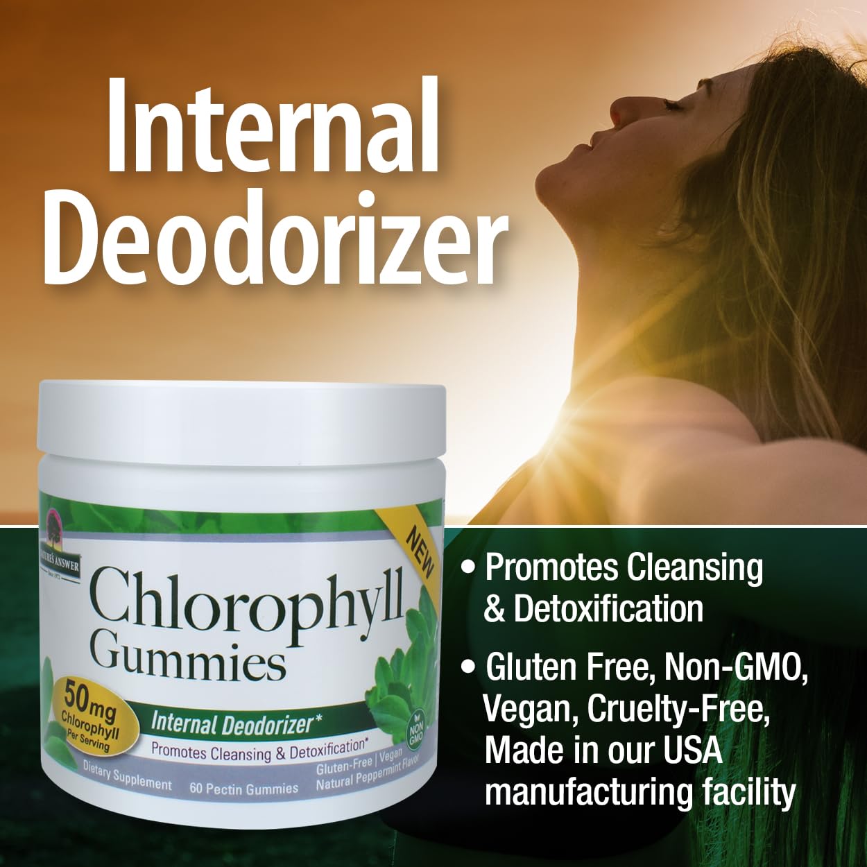 Nature's Answer Chlorophyll Gummies 60 Count | Natural Internal Deodorant* | Skin & Hair Support | Immune Support | Gelatin Free | Non GMO | G Free |