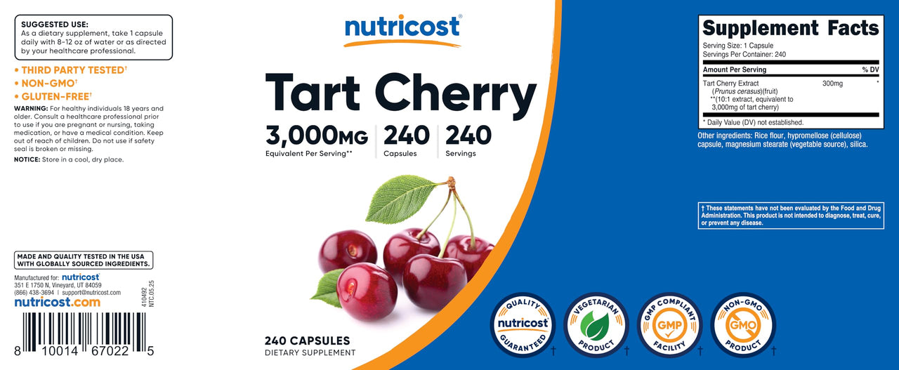 Nutricost Tart Cherry Extract 240 Vegetarian Capsules for 240 Servings per Bottle - Gluten Free, Non-GMO