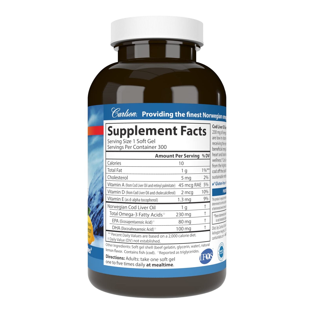 Carlson - Cod Liver Oil Gems, Low Vitamin A, 230 mg Omega-3s, Norwegian, Wild Caught, Sustainably Sourced, 300 Softgels