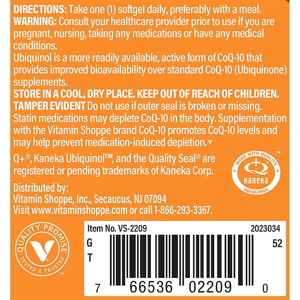 The Vitamin Shoppe Ubiquinol CoQ-10 200mg - Beneficial for Those Taking Statins – Supports Heart & Cellular Health and Healthy Energy Production, Essential Antioxidant – Once Daily (60 Softgels)