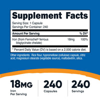 Thumbnail for Nutricost Chelated Iron (from Ferrochel) 18mg, 240 Capsules - Gluten Free, Non GMO Iron Chelate Supplement