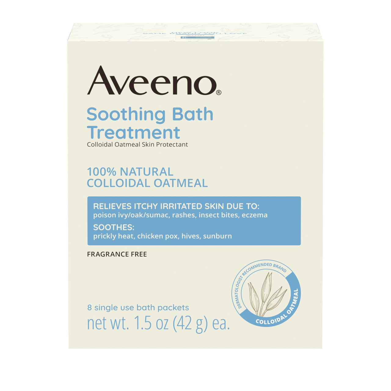 Aveeno Fragrance-Free Soothing Bath Treatment & Soak for Soothing Relief, 100% Natural Colloidal Oatmeal, Relieves Itchy, Irritated Skin Due to Eczema, 8 Single-Use Bath Packets