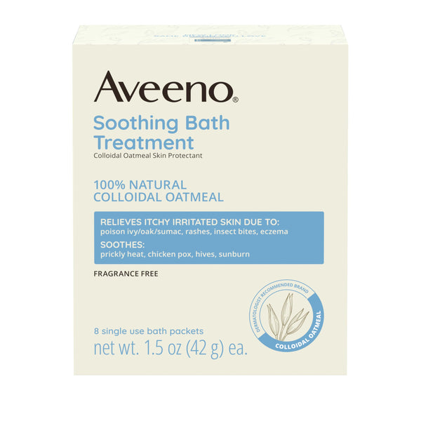 Aveeno Fragrance-Free Soothing Bath Treatment & Soak for Soothing Relief, 100% Natural Colloidal Oatmeal, Relieves Itchy, Irritated Skin Due to Eczema, 8 Single-Use Bath Packets