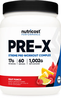 Thumbnail for Nutricost Pre-X Xtreme Pre-Workout Complex Powder, Fruit Punch, 60 Servings, Vegetarian, Non-GMO and Gluten Free