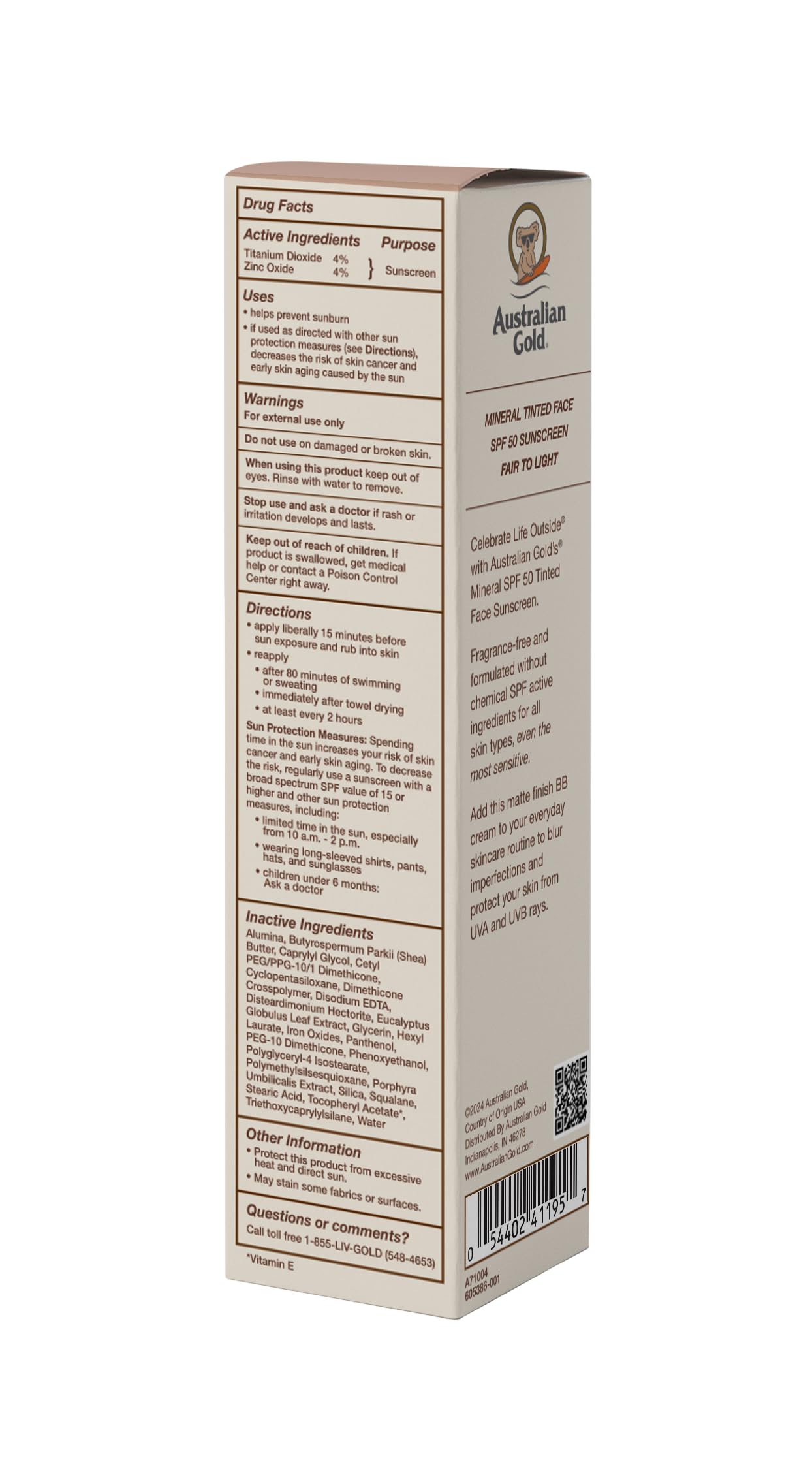 Australian Gold SPF 50 Tinted Mineral Face Sunscreen, Fair to Light, 2.5 fl oz, Broad Spectrum, Non-Greasy BB Cream with Blue Light & Sun Protection, 4% Zinc Oxide & Titanium Dioxide, Hypoallergenic