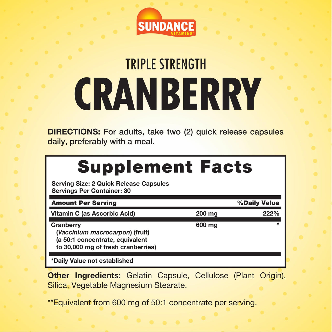 Sundance Cranberry Supplement | 60 Capsules | Plus Vitamin C | Triple Strength | Non-GMO and Gluten Free Formula
