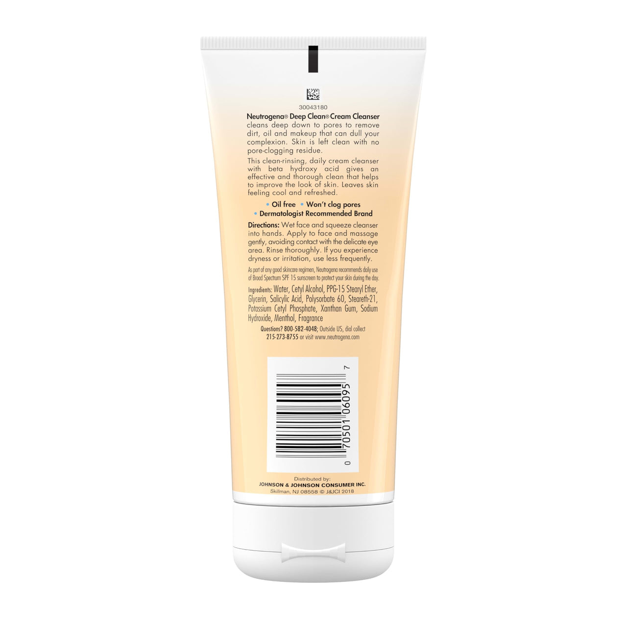 Neutrogena Deep Clean Daily Facial Cream Cleanser with Beta Hydroxy Acid to Remove Dirt, Oil & Makeup, Alcohol-Free, Oil-Free & Non-Comedogenic, 7 fl. oz